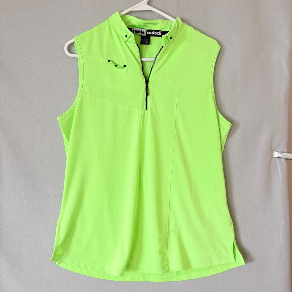 Jamie Sadock Womens Neon Lime Green Sleeveless Polo Top Golf Quarter Zip Large